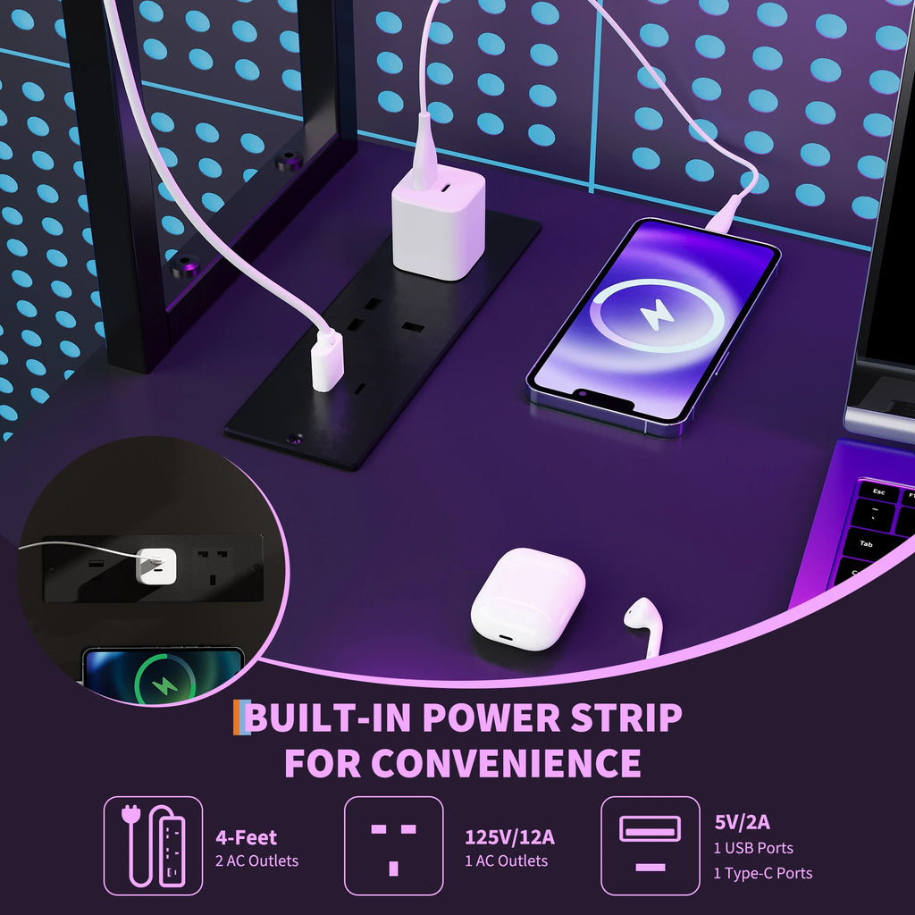 Mesa Gaming en L HAUSPROFI | LED RGB + Enchufe + USB | Cajón + Soporte Monitor | Ahorra Espacio