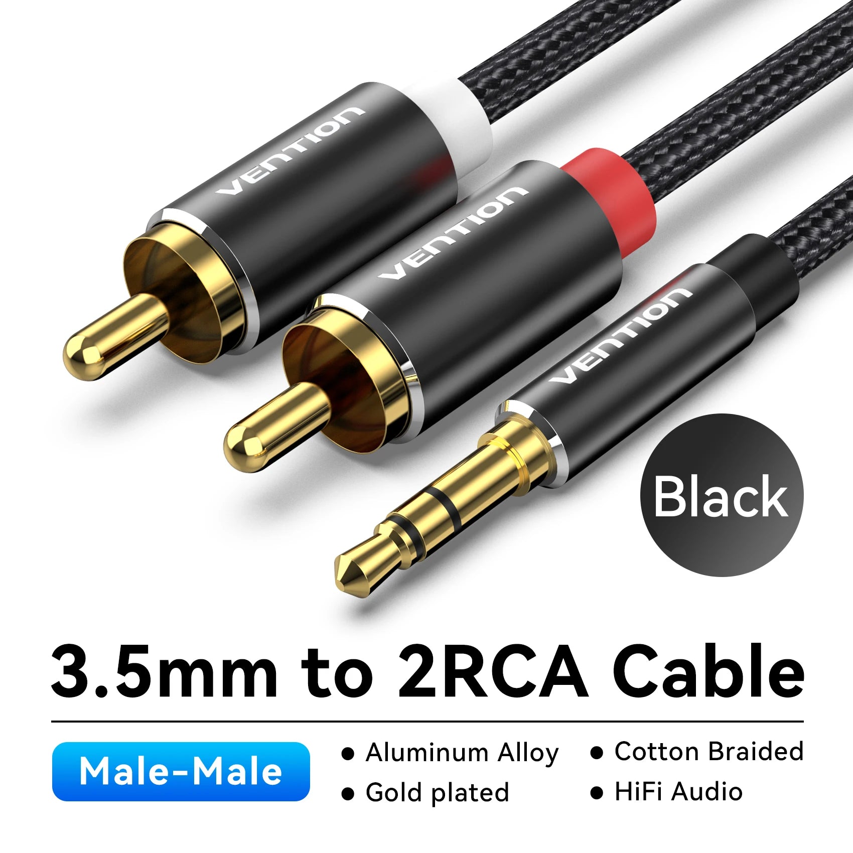 Cable de Audio Vention 3.5mm a 2 RCA | Splitter AUX para Amplificador, TV, Smartphone y Sistema HiFi
