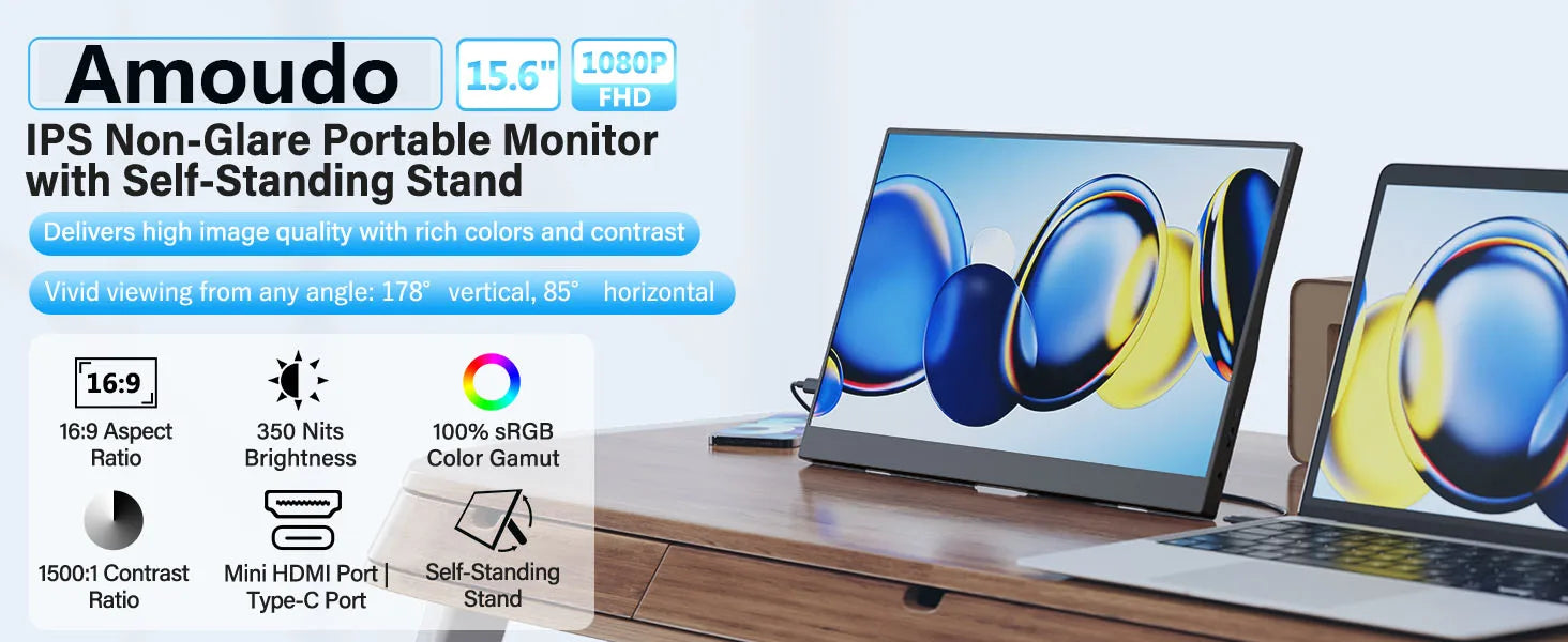 Monitor Portátil Amoudo 15.6'' FHD 1920x1080 IPS | USB-C | Mini HDMI | VESA | Soporte Penhole