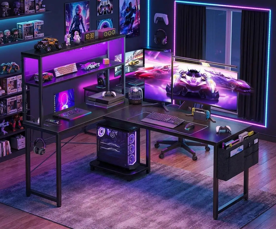 Mesa Gaming en L HAUSPROFI | LED RGB + Enchufe + USB | Cajón + Soporte Monitor | Ahorra Espacio