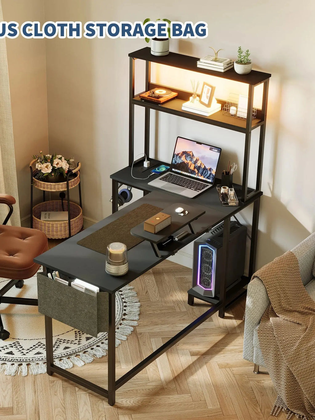 Mesa Gaming en L HAUSPROFI | LED RGB + Enchufe + USB | Cajón + Soporte Monitor | Ahorra Espacio