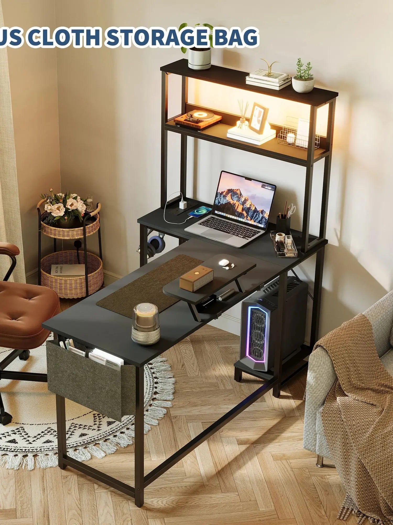 Mesa Gaming en L HAUSPROFI | LED RGB + Enchufe + USB | Cajón + Soporte Monitor | Ahorra Espacio