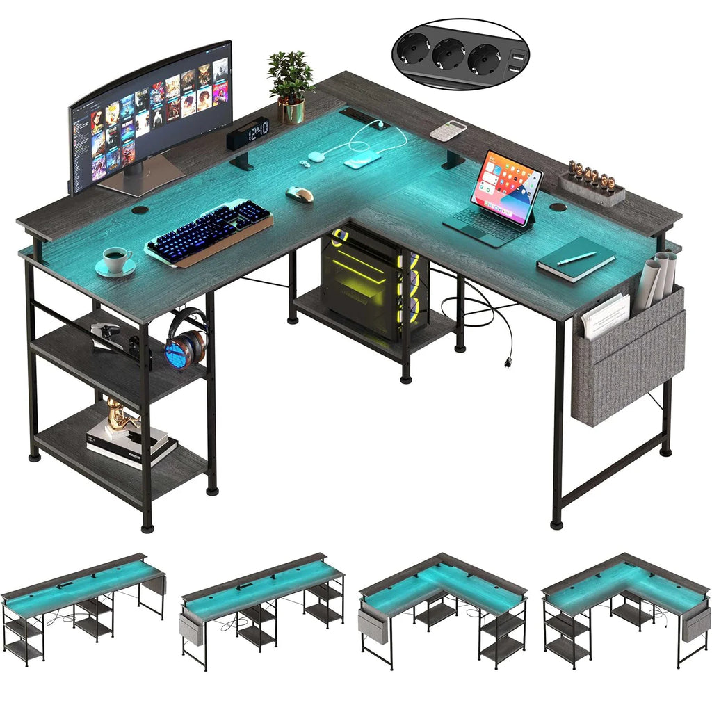 Mesa Gaming en L con Estante LED RGB Enchufes USB y Soporte Monitor | Gris Negro | ThomP