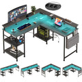 Mesa Gaming en L con Estante LED RGB Enchufes USB y Soporte Monitor | Gris Negro | ThomP