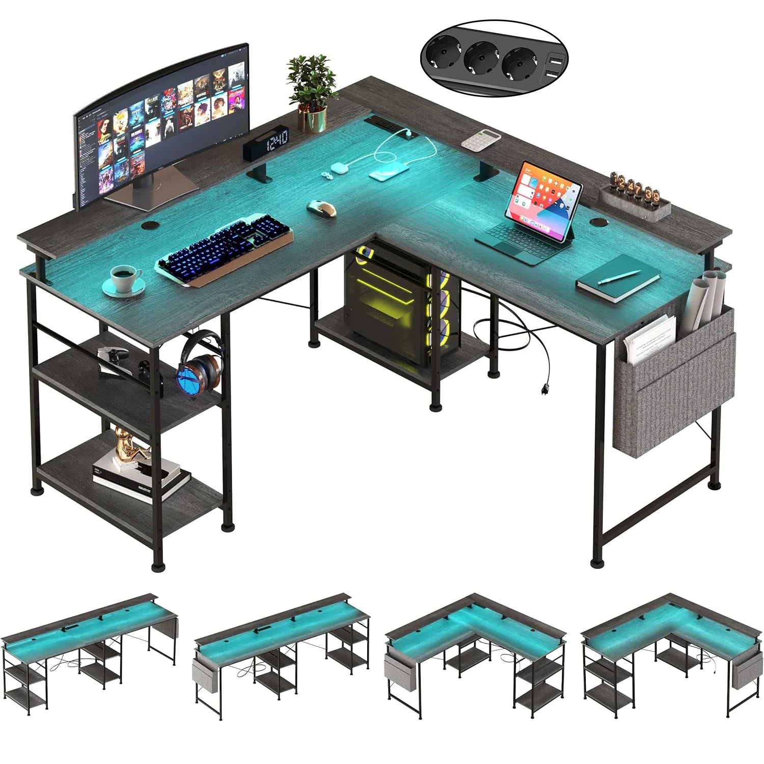 Mesa Gaming en L con Estante LED RGB Enchufes USB y Soporte Monitor | Gris Negro | ThomP