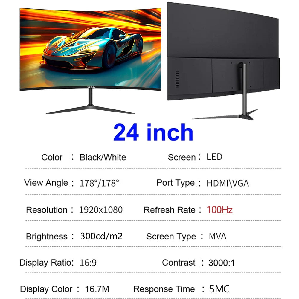 Monitor Curvo Gaming 24'' 100Hz MVA FHD 1080P | 3000R | HDMI VGA | 2ms | Protección Ocular | VESA