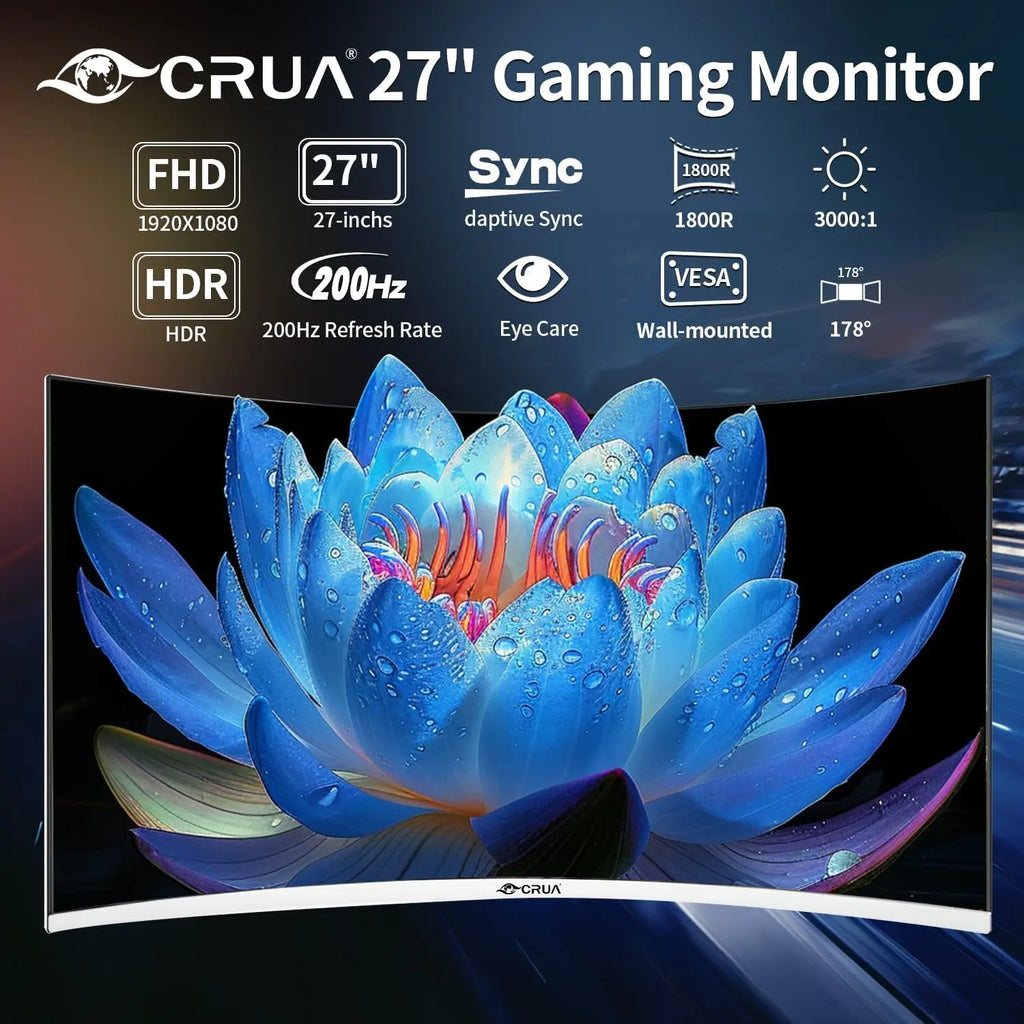 Monitor Gaming Curvo Crua 27'' 200Hz FHD 1080P | FreeSync | Sin Marco | Protección Ocular