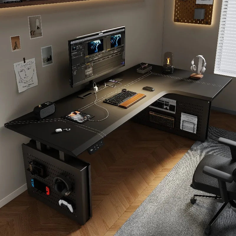 Mesa Esquinera en L Eléctrica Altura Regulable | Estilo Nórdico Negro | Madera de Roble | FYCD