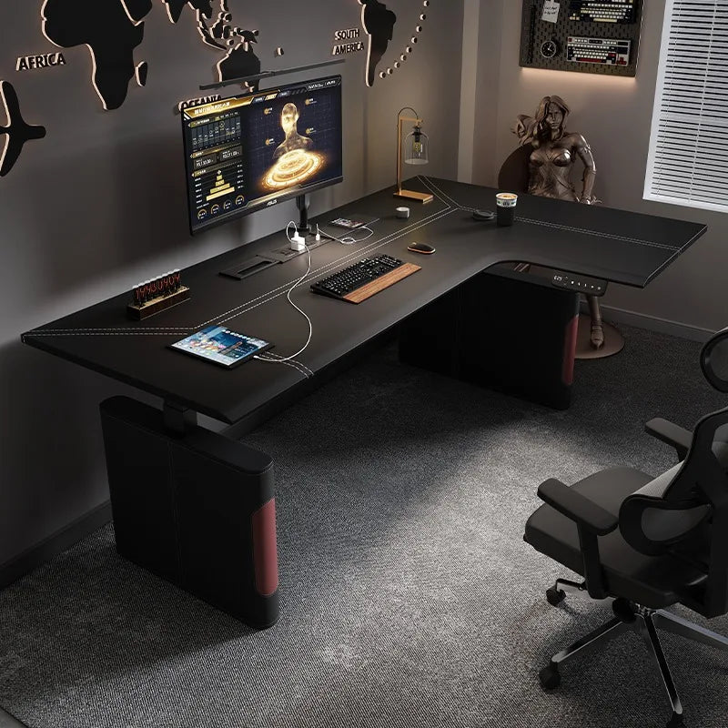 Mesa Esquinera en L Eléctrica Altura Regulable | Estilo Nórdico Negro | Madera de Roble | FYCD