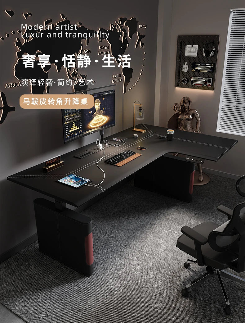 Mesa Esquinera en L Eléctrica Altura Regulable | Estilo Nórdico Negro | Madera de Roble | FYCD