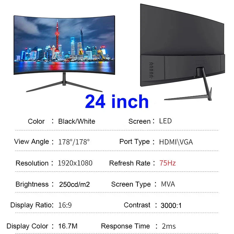 Monitor Curvo Gaming 24'' 100Hz MVA FHD 1080P | 3000R | HDMI VGA | 2ms | Protección Ocular | VESA