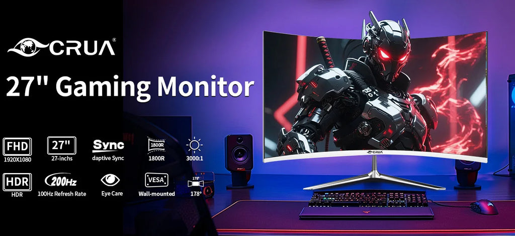 Monitor Gaming Curvo Crua 27'' 200Hz FHD 1080P | FreeSync | Sin Marco | Protección Ocular