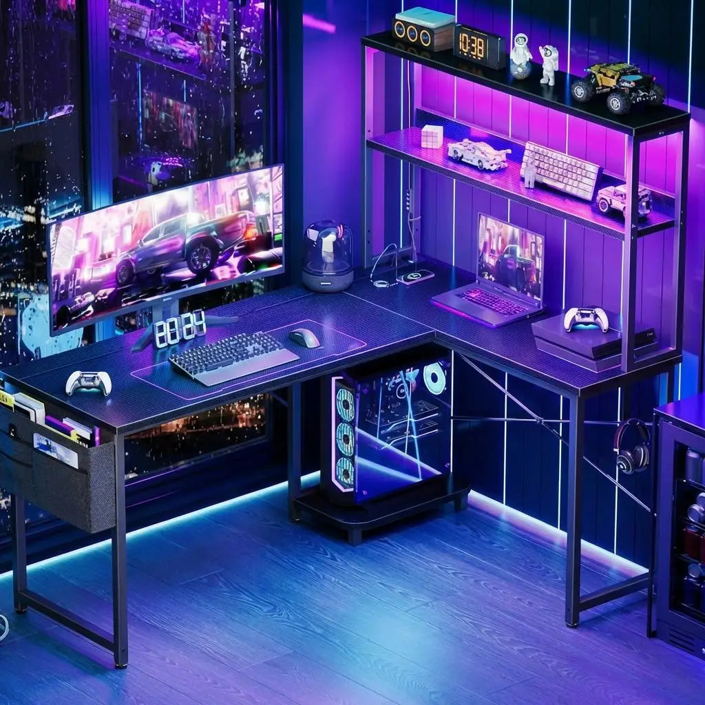 Mesa Gaming en L HAUSPROFI | LED RGB + Enchufe + USB | Cajón + Soporte Monitor | Ahorra Espacio