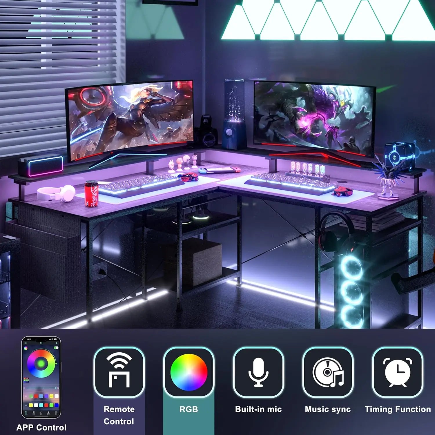 Mesa Gaming en L con Estante LED RGB Enchufes USB y Soporte Monitor | Gris Negro | ThomP