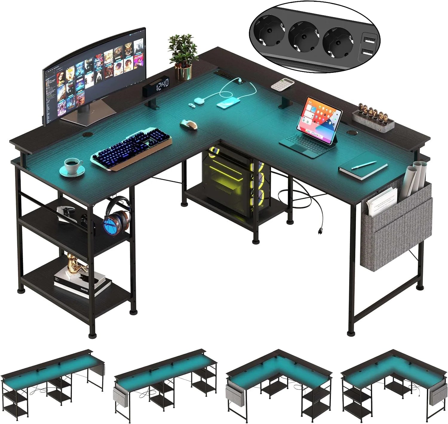 Mesa Gaming en L con Estante LED RGB Enchufes USB y Soporte Monitor | Gris Negro | ThomP