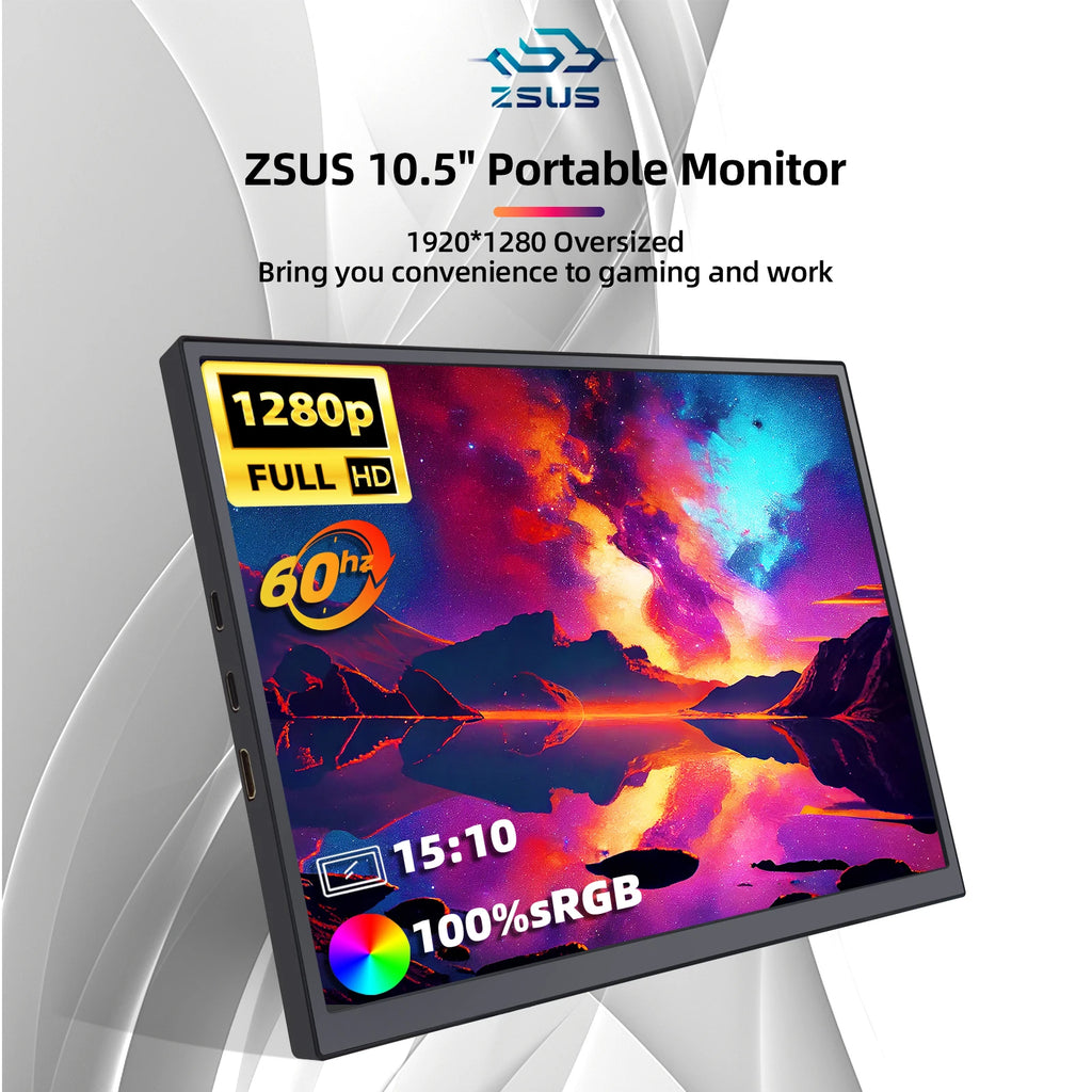 Monitor Portátil ZSUS 10.5'' 1280P 100% sRGB | Luz Azul Baja | Compatible Xbox PS4 PS5 Switch Móvil PC