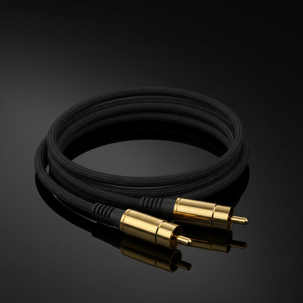Cable de Audio Vention 3.5mm a 2 RCA sobre fondo negro