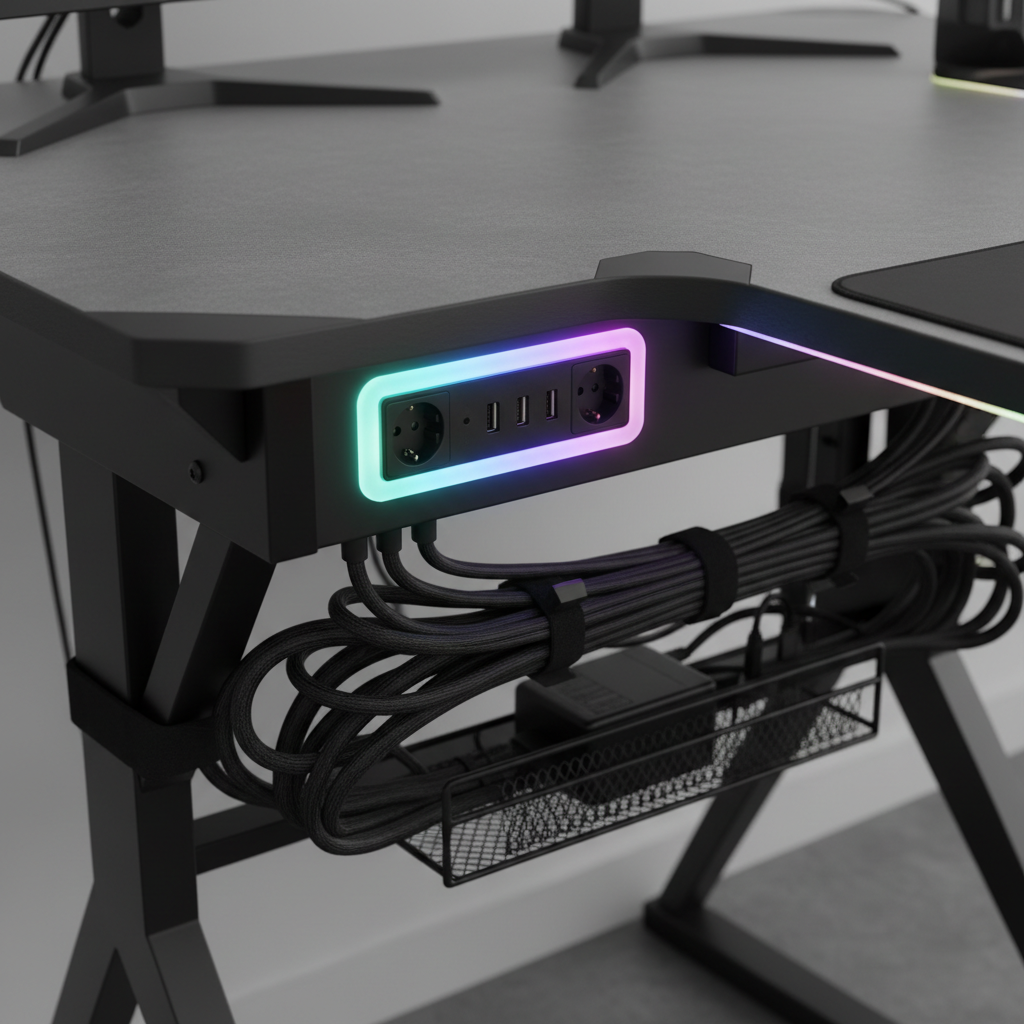 Detalle enchufes USB integrados mesa gaming LED RGB
