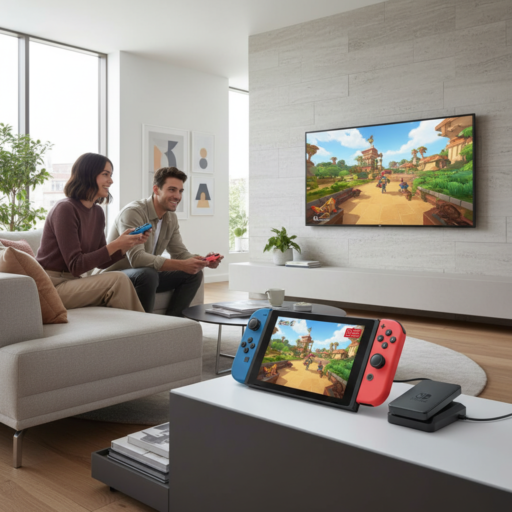 Nintendo Switch 2 en modo sobremesa con dock y TV