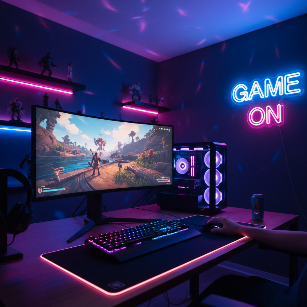 Setup gaming completo con PC RTX 5060 y monitor curvo