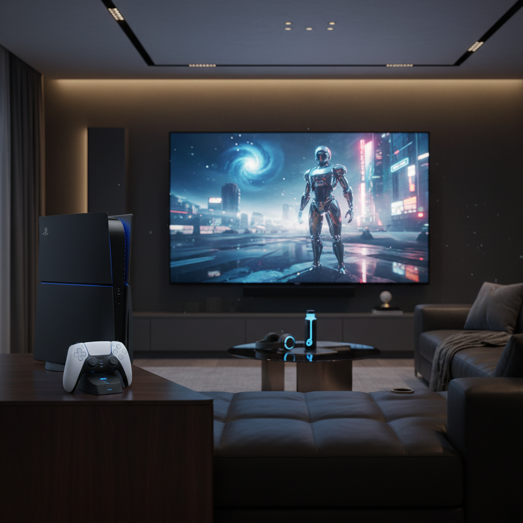 PS5 PRO con DualSense en sala de estar 4K
