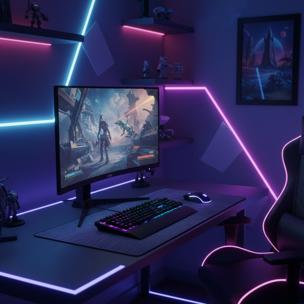 Monitor curvo 27 200Hz en setup gaming con RGB