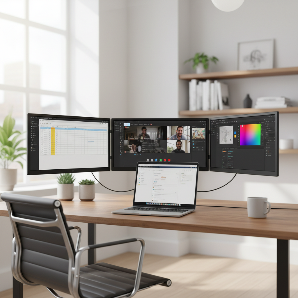 Triple pantalla portátil conectada a laptop multitarea