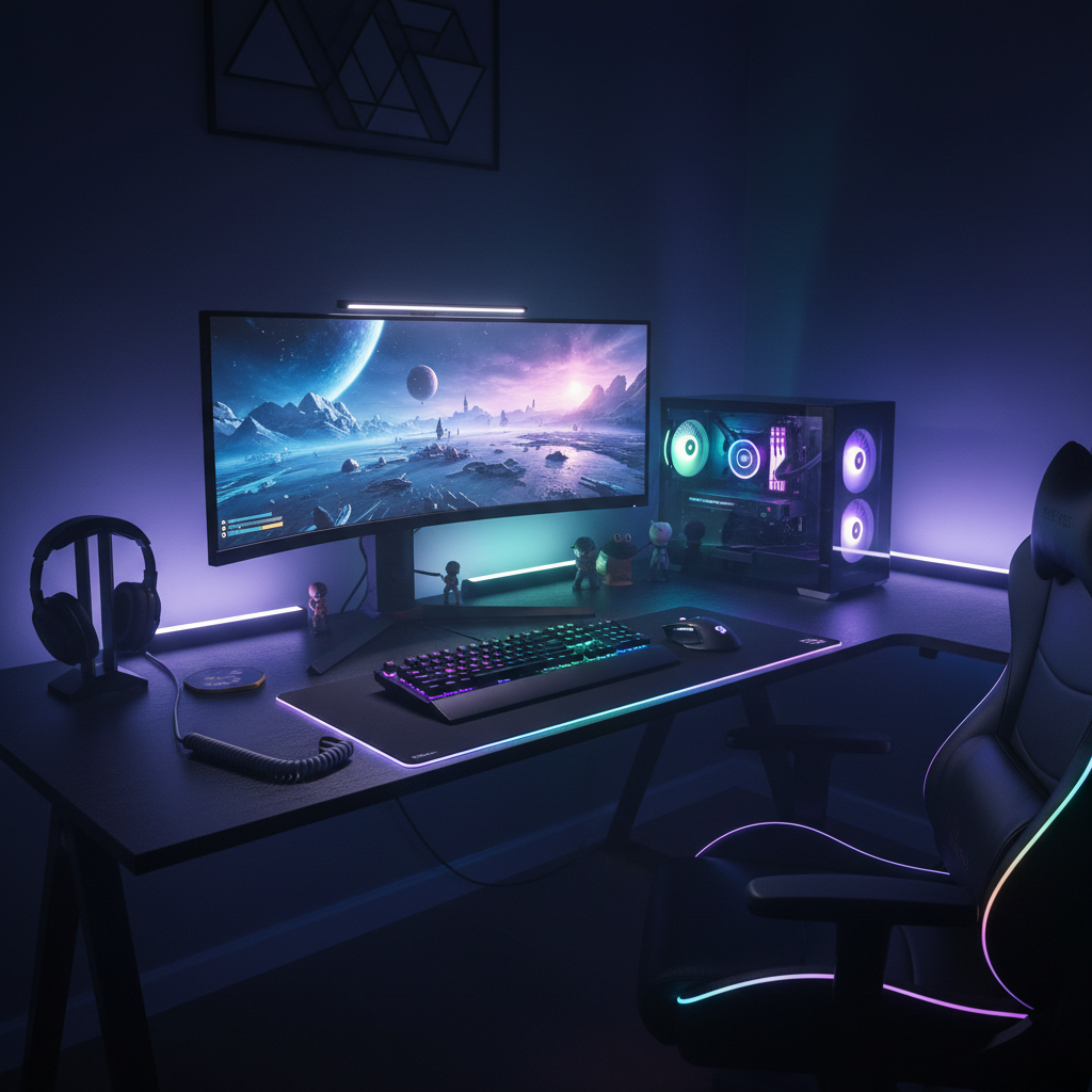 Setup gaming sobre mesa en L Mihtrov con LED RGB