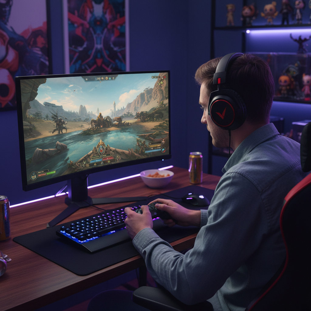 Gamer con auriculares V200 en setup gaming