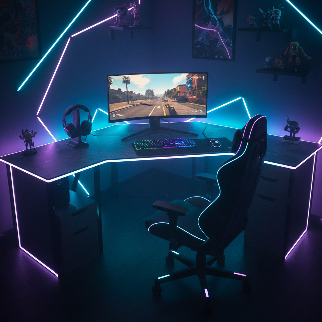 Setup gaming completo sobre mesa en L con LED RGB