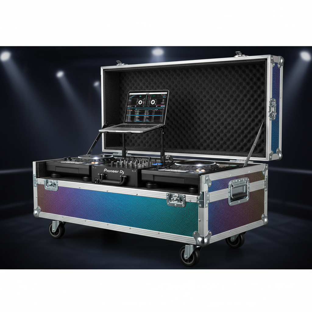 Coffin table DJ abierta con equipo Pioneer instalado
