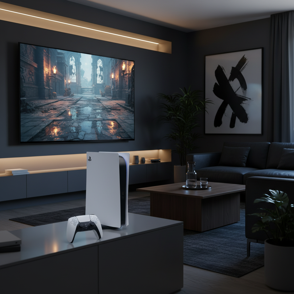 PS5 Slim Digital con DualSense en sala 4K