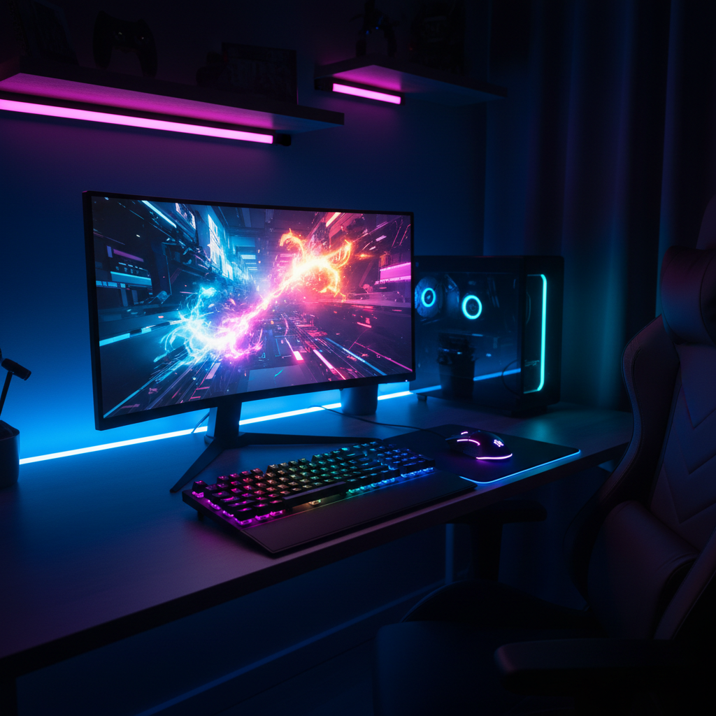 Monitor curvo CRUA 24.5 120Hz en setup gaming RGB