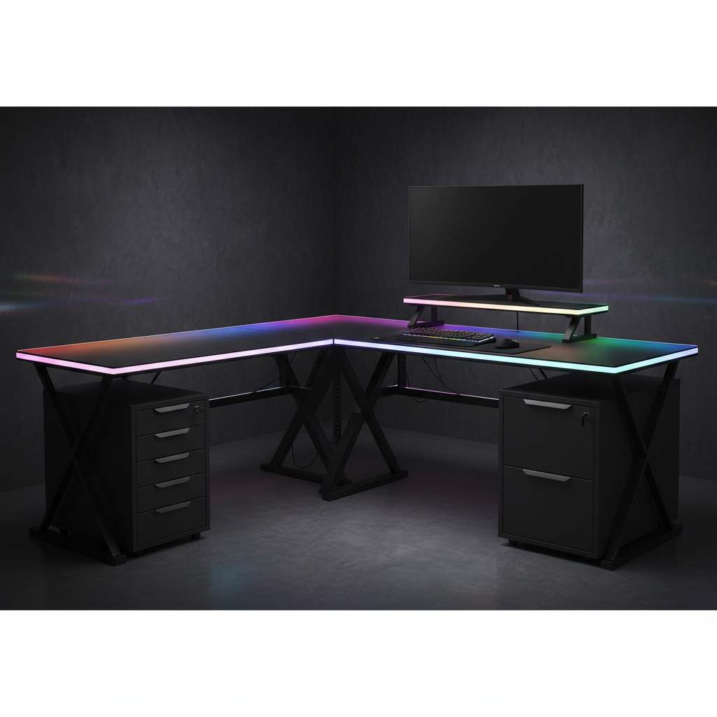 Mesa gaming en L negra con LED RGB cajón y soporte monitor