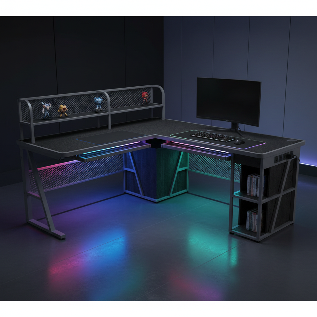Mesa gaming en L gris negra con LED RGB y estante