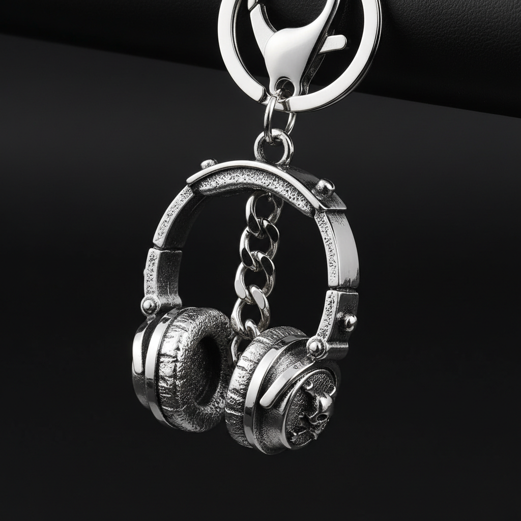 Llavero auriculares hip hop plateado fondo negro