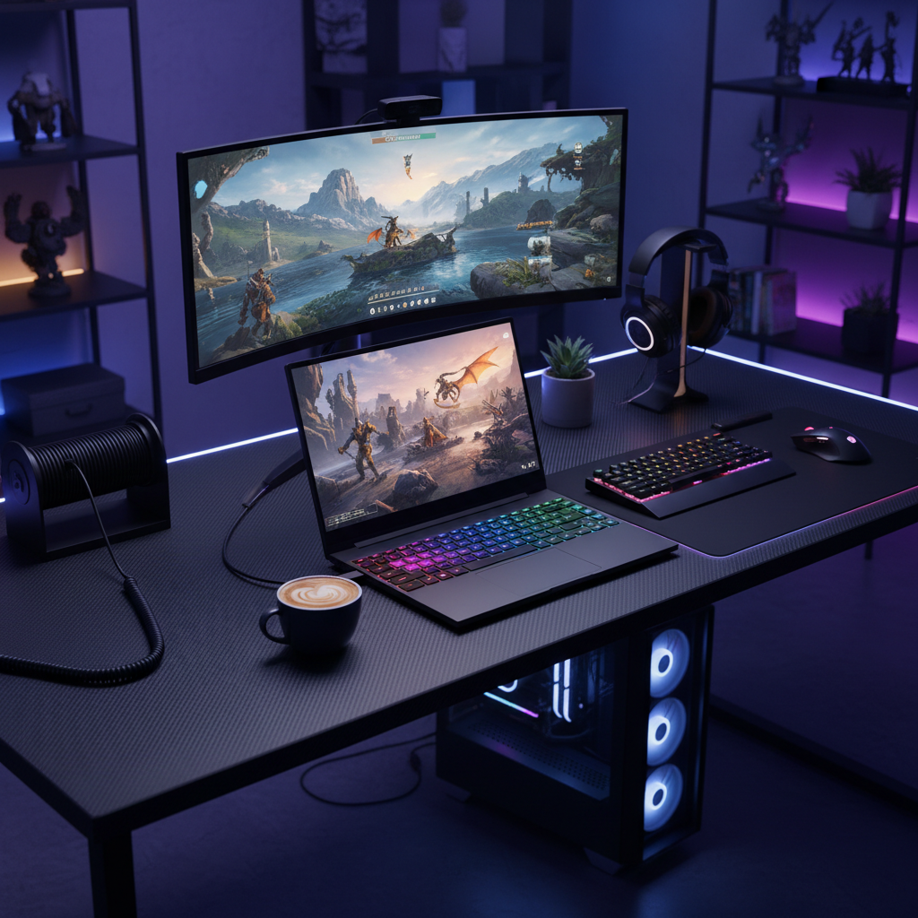 ACEMAGIC RX16 abierto con juego en pantalla sobre mesa gaming