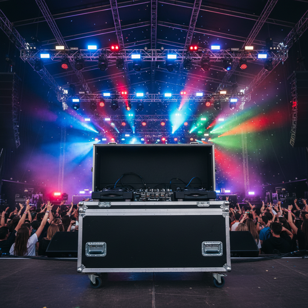 Flight case DJ en escenario de festival lifestyle