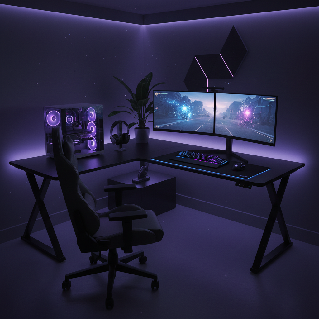 Escritorio en L negro con setup gaming premium