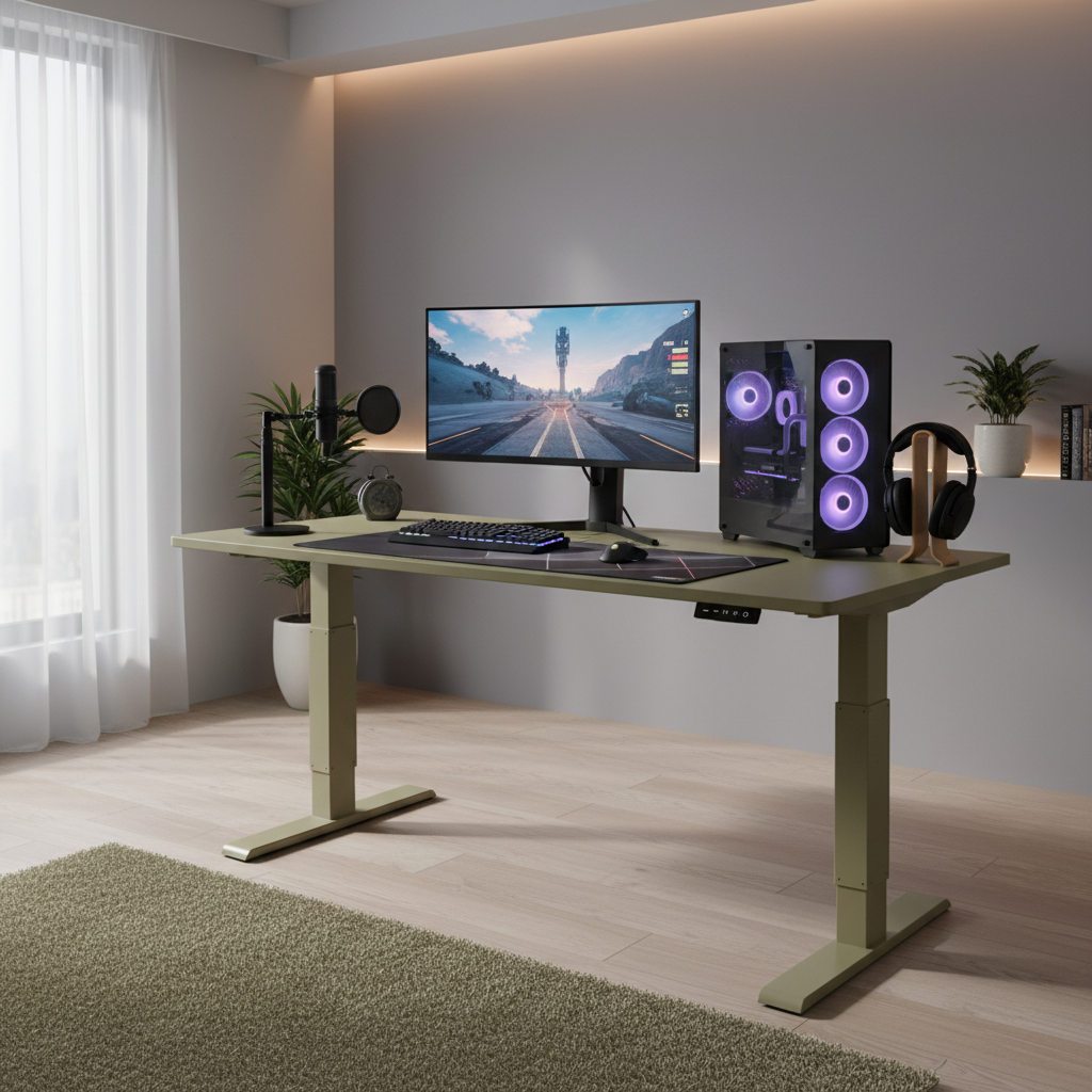 Escritorio gaming eléctrico khaki con setup gaming