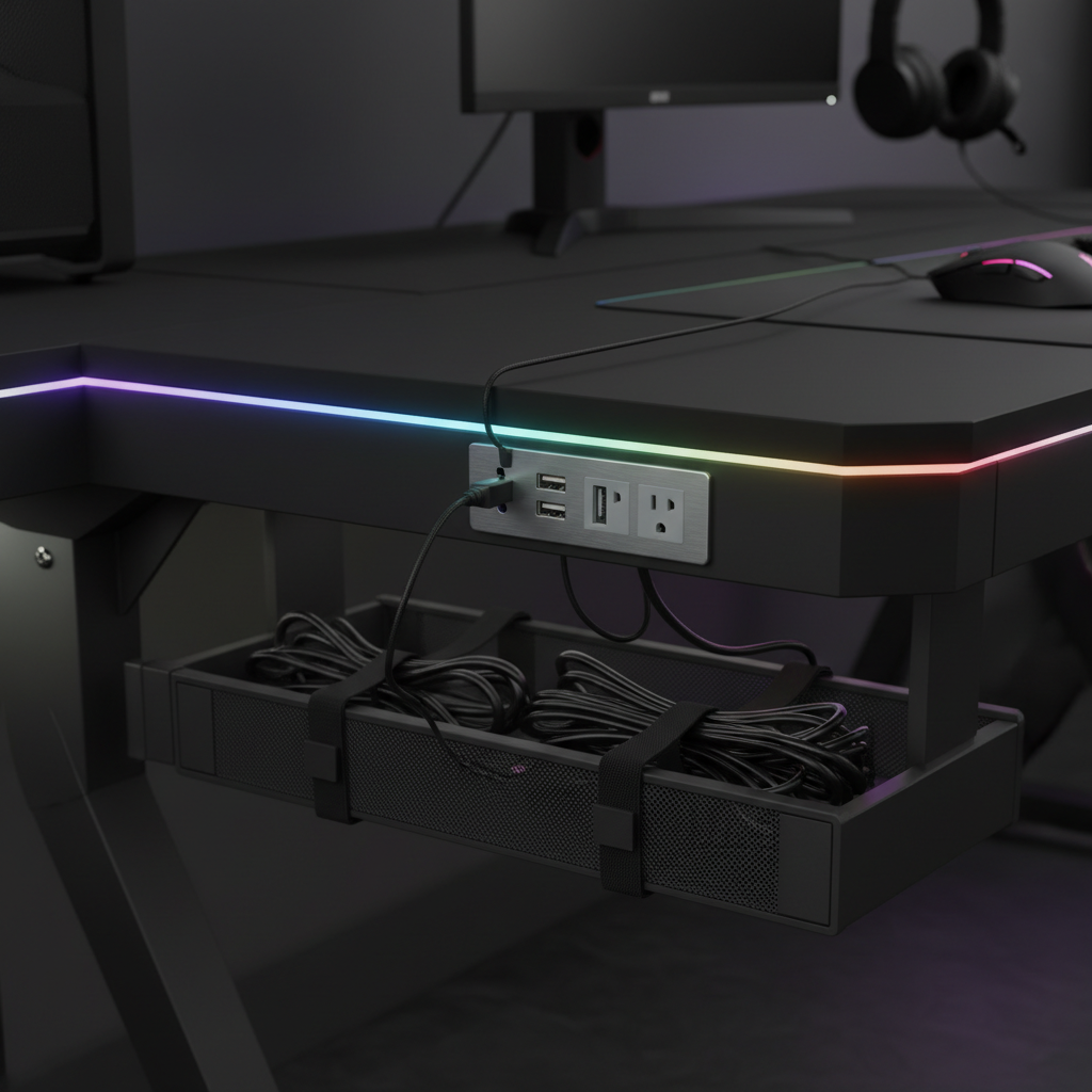 Detalle enchufe y USB integrados mesa gaming Mihtrov