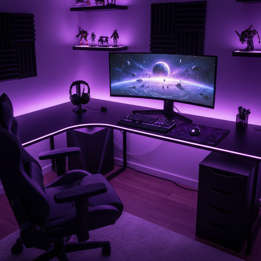 Setup gaming sobre mesa en L Mihtrov con LED morado