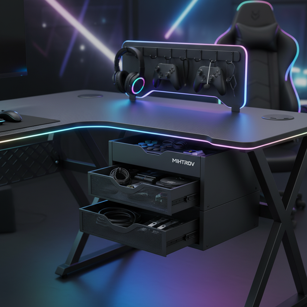 Detalle cajones y ganchos mesa gaming Mihtrov LED RGB
