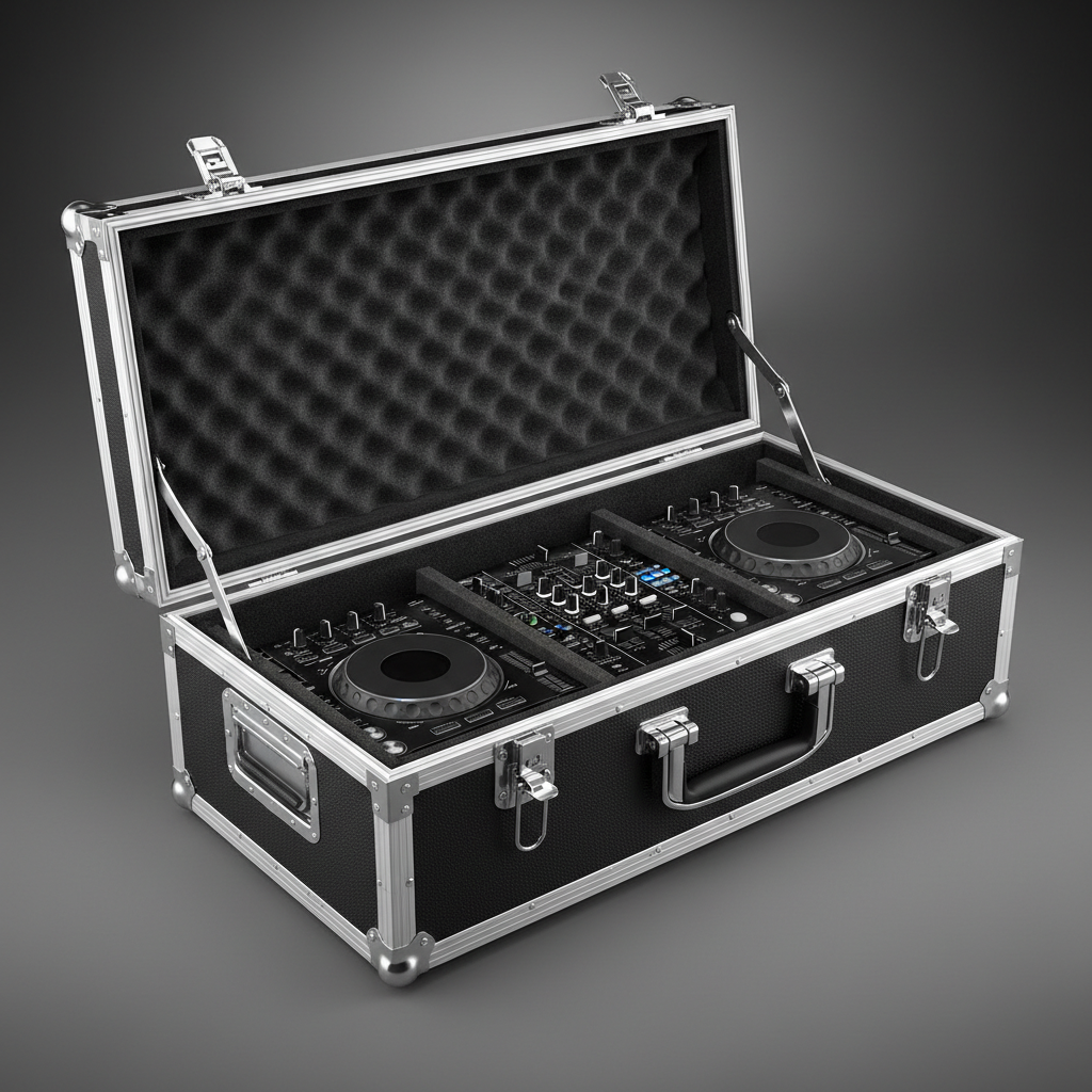 Flight case DJ abierto mostrando interior con espuma