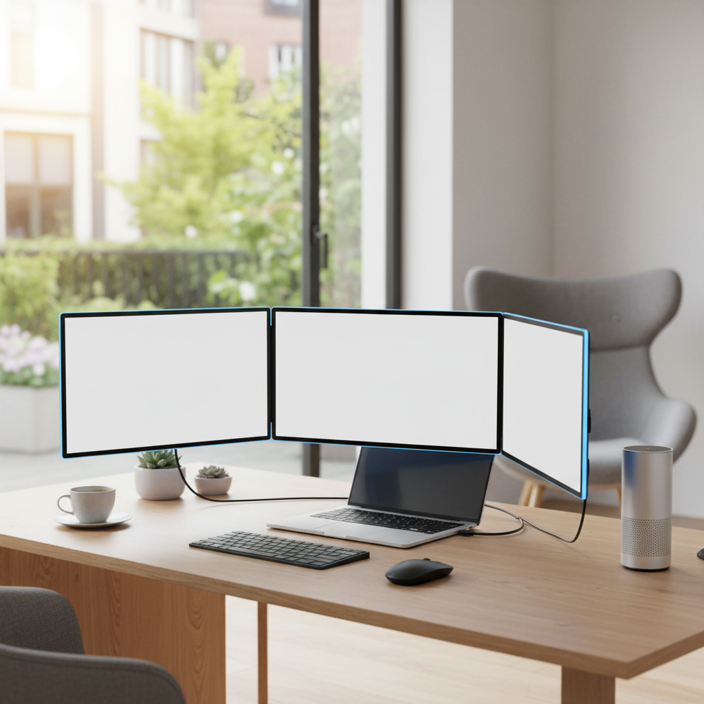 Triple pantalla retroiluminada conectada a MacBook